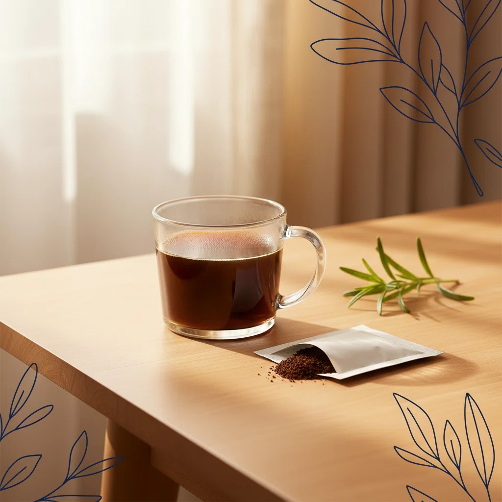 Morning wellness coffee setup: glass mug, open sachet and fresh green herbs on a warm wooden table